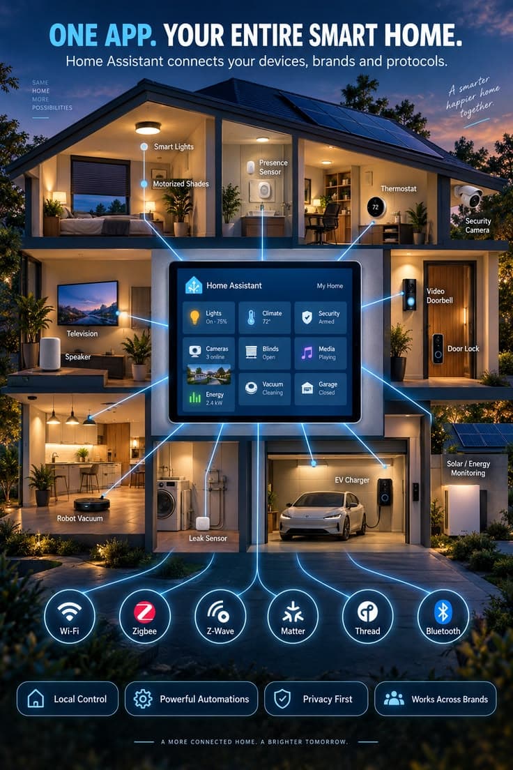 Smart home with lights, cameras and appliances connected to one app